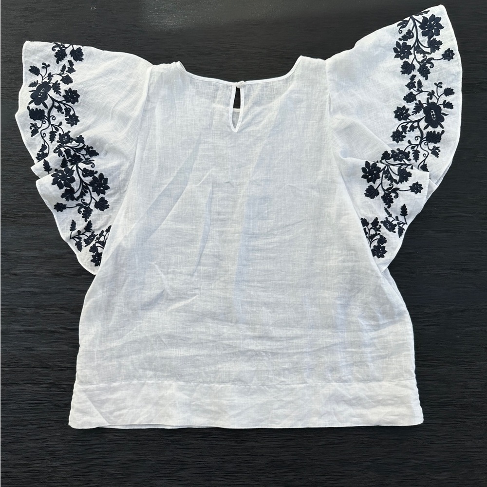 J. Crew White Linen w/ navy Embroidered Flutter sleeve Blouse - Picture 4 of 6
